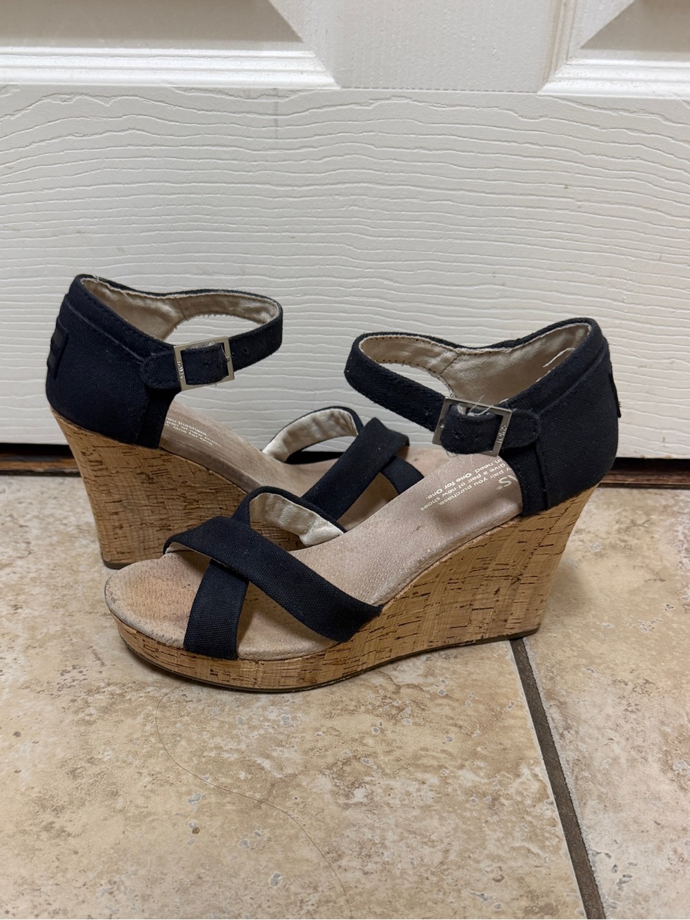 Tom’s Women’s Black Cork Wedge Sandals with Ankle Strap